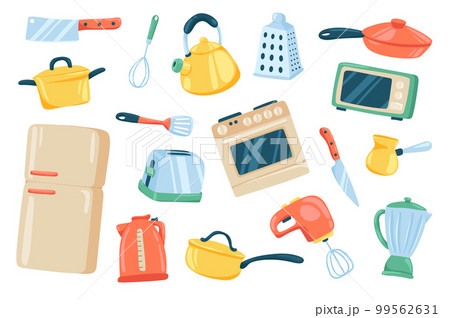 Kitchen utensil cute stickers isolated set. Collection of knife, whisk, kettle, frying pan, microwave, oven, toaster, refrigerator, mixer, coffee maker. Vector illustration in flat cartoon design Kitchen utensil cute stickers isolated set. Collection of knife, whisk, kettle, frying pan, microwave, oven, toaster, refrigerator, mixer, coffee maker. Vector illustration in flat cartoon design 99562631