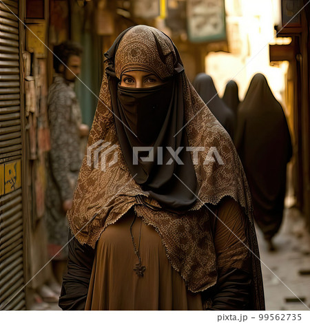 AI generated illustration of muslim arabic, emirates or egyptian woman with covered face with hijab 99562735