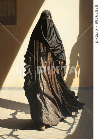AI generated illustration of muslim arabic, emirates or egyptian woman with covered face with hijab AI generated illustration of muslim arabic, emirates or egyptian woman with covered face with hijab 99562828