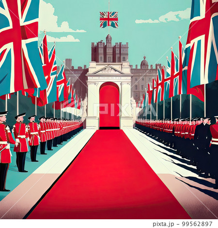 AI generated painting of empty processional route with a red carpet and UK flags AI generated painting of empty processional route with a red carpet and UK flags 99562897