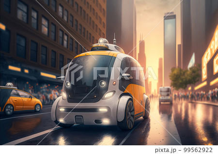 Small yellow robot taxi rides along big city street. Artificial intelligence controls the car. Generative AI illustration Small yellow robot taxi rides along big city street. Artificial intelligence controls the car. Generative AI illustration 99562922
