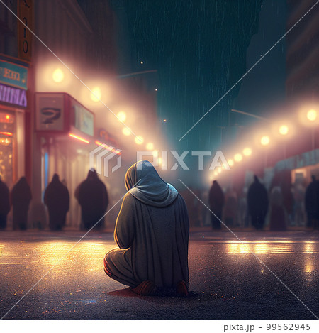 lonely figure of a man on a crowded street among the night lights. AI generated lonely figure of a man on a crowded street among the night lights. AI generated 99562945