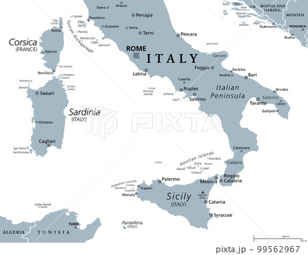 Southern Italy, Meridione or Mezzogiorno, gray political map. Macroregion of Italy consisting of its southern regions Abruzzo, Apulia, Basilicata, Calabria, Campania, Molise, Sardinia, and Sicily. 99562967
