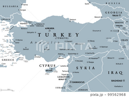 Turkey and Syria region, gray political map. Geographic area of Anatolia, a peninsula and landmass making up most of the territory of contemporary Turkey, with neighbouring and surrounding countries. Turkey and Syria region, gray political map. Geographic area of Anatolia, a peninsula and landmass making up most of the territory of contemporary Turkey, with neighbouring and surrounding countries. 99562968