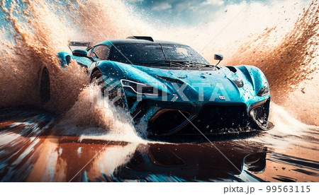 Sport car, water splashes, light blue 99563115