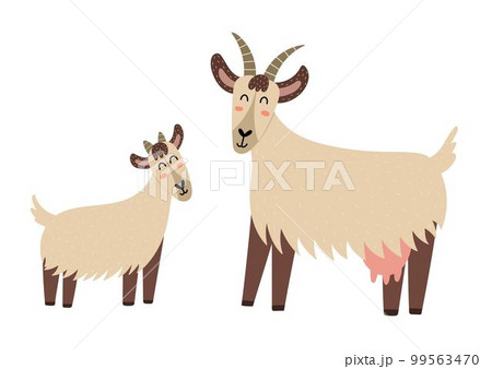 Mother goat with her baby kid. Cute farm animal characters mom and her child Mother goat with her baby kid. Cute farm animal characters mom and her child 99563470
