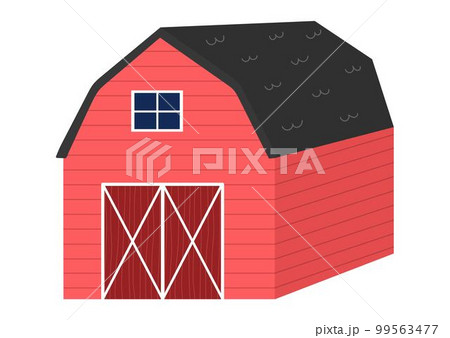 Red barn on the farm print in cartoon style. Wooden stable isolated element 99563477