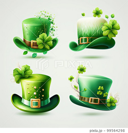 Set of St. Patricks Day hats with clover illustration on white background for design. AI 99564298