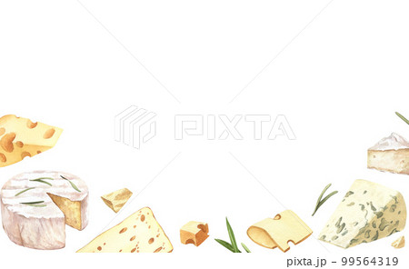 Watercolor different cheese frame template. Hand draw card background with food objects on isolated white. Drink for food menu, cafe, wine list, label, banner, flyer, brochure 99564319