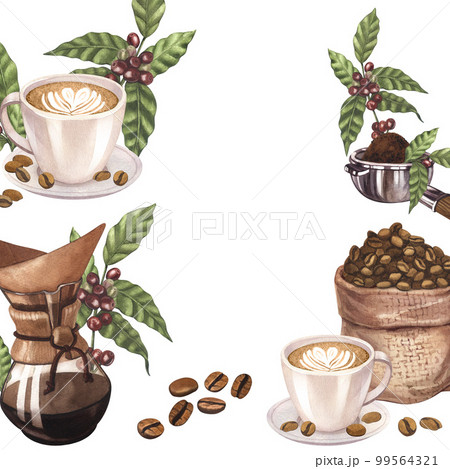 Watercolor frame of coffee elements collection. Hand-drawn illustration isolated on white background. Perfect concept for cafe, for cooking, restaurant banner, menu, flyer, brochure template. 99564321