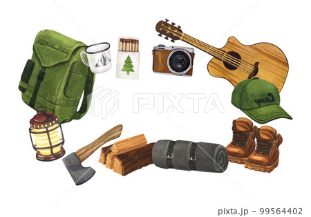 Watercolor round composition campsite with camera, backpack, gitar, boots, cup. Hand-drawn illustration hiking isolated on white background. For sticker: traveling, trip, banner, flyer, template. 99564402