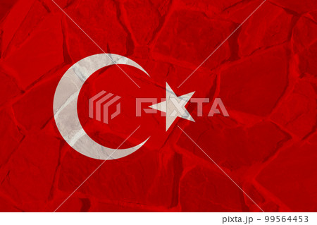 Turkey Earthquake, February 6, 2023. Mournful banner. The Epicenter of the earthquake in Turkey. Pray for Turkey. A bright red stone background of the Turkish flag. Disaster war 99564453