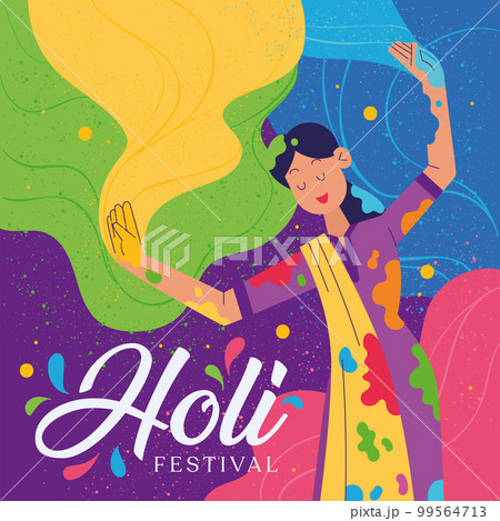 Happy girl character with paint and powder Holi festival poster Vector Happy girl character with paint and powder Holi festival poster Vector 99564713