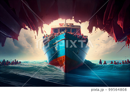 Small boat full of immigrants in stormy Mediterranean Sea. 99564808