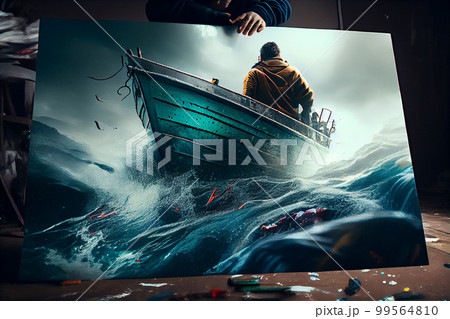 Small boat full of immigrants in stormy Mediterranean Sea. 99564810