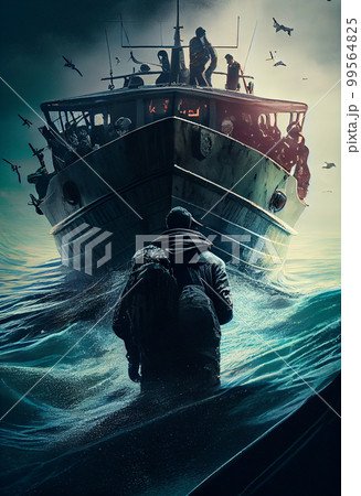 Small boat full of immigrants in stormy Mediterranean Sea. Small boat full of immigrants in stormy Mediterranean Sea. 99564825