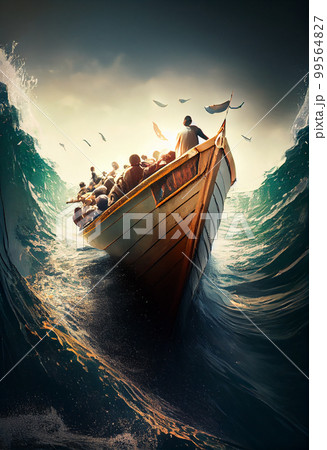 Small boat full of immigrants in stormy Mediterranean Sea. 99564827
