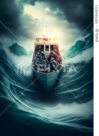 Small boat full of immigrants in stormy Mediterranean Sea. Small boat full of immigrants in stormy Mediterranean Sea. 99564831