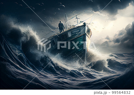 Small boat full of immigrants in stormy Mediterranean Sea. Small boat full of immigrants in stormy Mediterranean Sea. 99564832