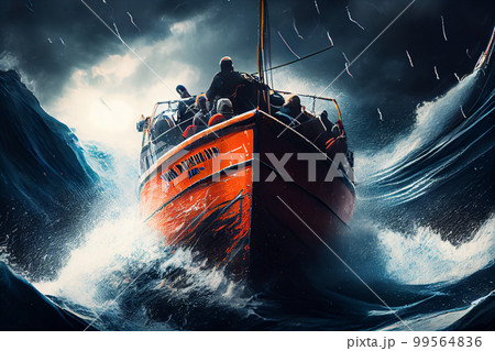 Small boat full of immigrants in stormy Mediterranean Sea. Small boat full of immigrants in stormy Mediterranean Sea. 99564836