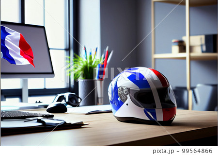 Red racing helmet with France flag for motorbike scooters, sports and touring car driver in modern white office. Red racing helmet with France flag for motorbike scooters, sports and touring car driver in modern white office. 99564866