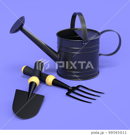 Watering can with garden tools like shovel, rake and fork on violet background. Watering can with garden tools like shovel, rake and fork on violet background. 99565011