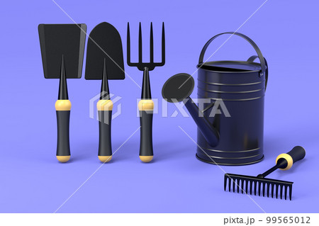 Garden shovel, pitchfork and rake on violet background, summer camping concept Garden shovel, pitchfork and rake on violet background, summer camping concept 99565012