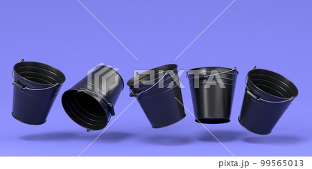 Set of metal garden buckets for hydration of plants on violet background Set of metal garden buckets for hydration of plants on violet background 99565013