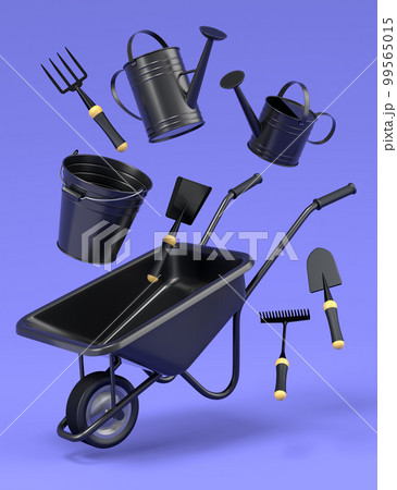 Garden wheelbarrow with garden tools like shovel, rake and fork on violet 99565015