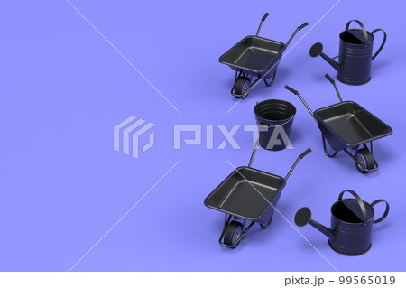 Garden wheelbarrow with garden tools like water can, rake and bucket on violet 99565019