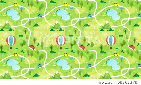 新緑の山道を走る車のパターン背景 シームレスな水彩風景イラスト 99565379