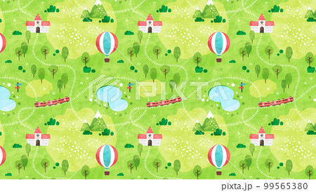 新緑の草原を走る電車のパターン背景 シームレスな水彩風景イラスト 99565380