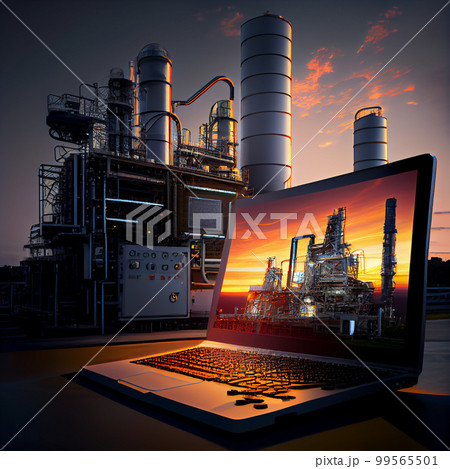 silhouettes of structures, pipes, oil storage tanks, pipelines of a petrochemical plant in the backlight of the sun at sunset and a sun disk. silhouettes of structures, pipes, oil storage tanks, pipelines of a petrochemical plant in the backlight of the sun at sunset and a sun disk. 99565501