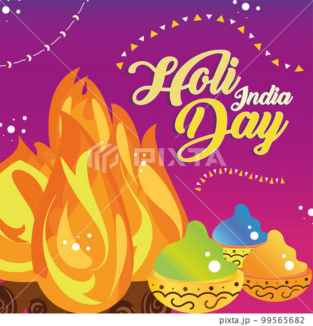 Colored holi festival poster with campfire and powders Vector 99565682