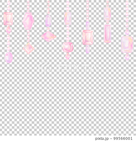 ピンク色のペンダントが並ぶ正方形フレーム。水彩絵の具で描いたイラスト。 99566001