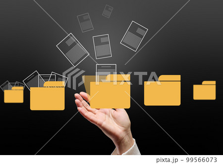 A female hand and virtual icons of folders and files, a concept of data organization and archiving, remote data management, paperless 99566073