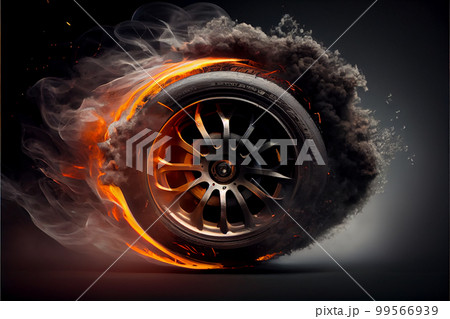 Drifting and fire smoking sport car tire with red breaks Drifting and fire smoking sport car tire with red breaks 99566939
