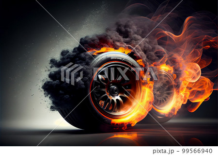 Drifting and fire smoking sport car tire with red breaks Drifting and fire smoking sport car tire with red breaks 99566940