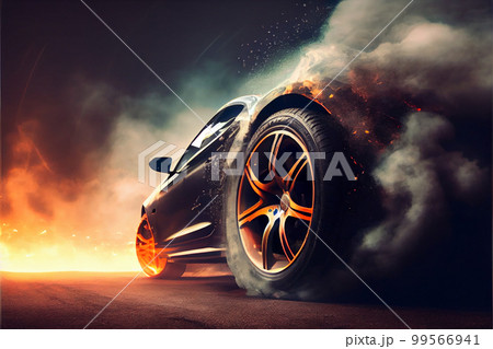 Drifting and fire smoking sport car tire with red breaks Drifting and fire smoking sport car tire with red breaks 99566941