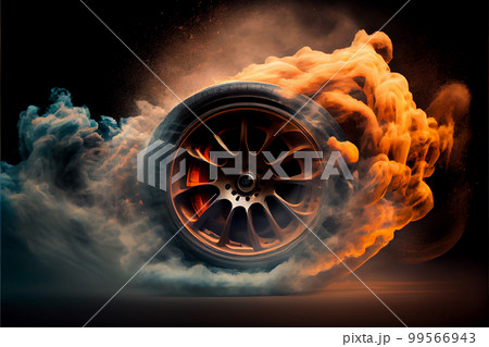Drifting and fire smoking sport car tire with red breaks Drifting and fire smoking sport car tire with red breaks 99566943
