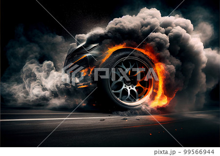 Drifting and fire smoking sport car tire with red breaks Drifting and fire smoking sport car tire with red breaks 99566944