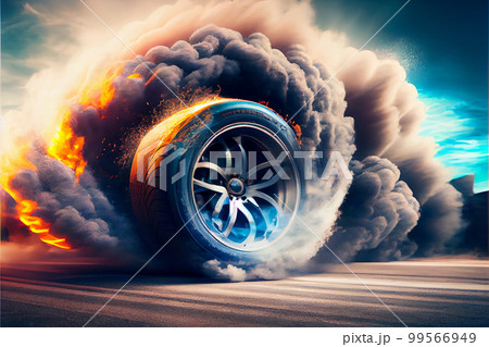 Drifting and fire smoking sport car tire with red breaks Drifting and fire smoking sport car tire with red breaks 99566949