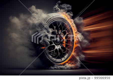 Drifting and fire smoking sport car tire with red breaks Drifting and fire smoking sport car tire with red breaks 99566950