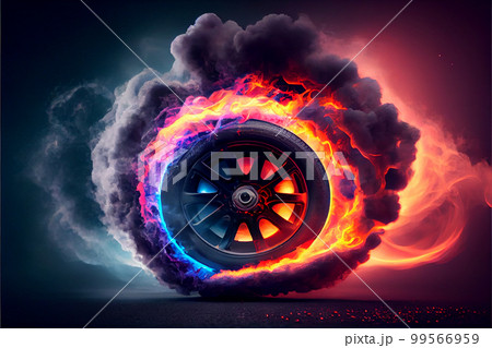 Drifting and fire smoking sport car tire with red breaks Drifting and fire smoking sport car tire with red breaks 99566959