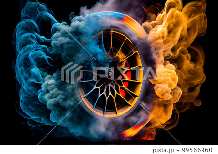 Drifting and fire smoking sport car tire with red breaks Drifting and fire smoking sport car tire with red breaks 99566960