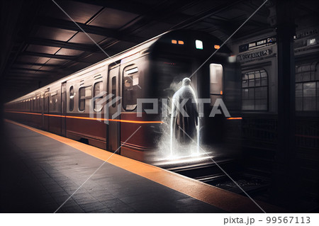 The ghost in front of subway train. Horrors, nightmares, driving safety 99567113