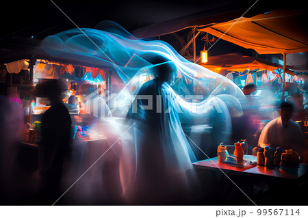 luminous ghost and people shopping at night market fair, blur background with bokeh 99567114