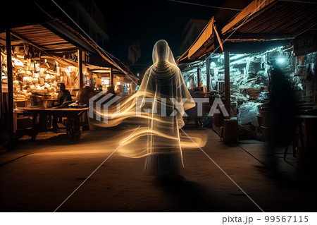 luminous ghost and people shopping at night market fair, blur background with bokeh 99567115
