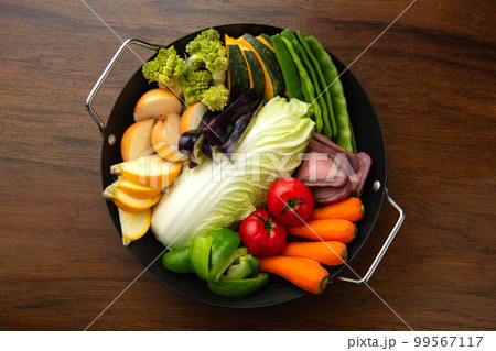 野菜たっぷりフライパン料理｜食材イメージ｜俯瞰撮影 99567117