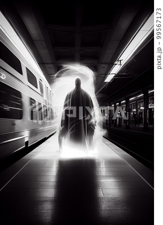 The ghost in front of subway train. Horrors, nightmares, driving safety The ghost in front of subway train. Horrors, nightmares, driving safety 99567173
